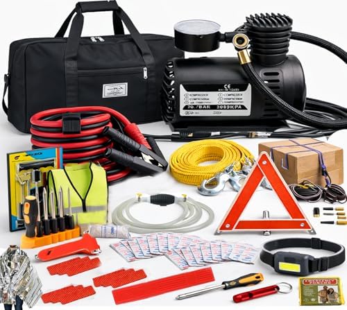 Car Roadside Emergency Kit, with Jumper Cables Automotive Kit,Car Safety Roadside Assistance Kit Headlamp,Tow Straps, Safety Hammers, Rainwear, Gloves.Black
