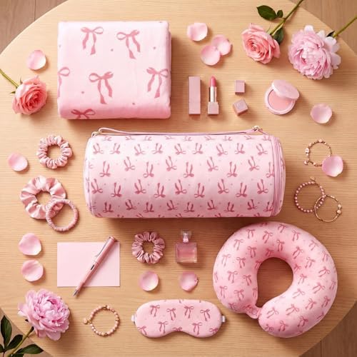 Moukeren 4 Pcs Pink Bow Travel Pillow and Blanket Set Memory Foam Neck Pillow Flannel Blanket Eye Mask Pink Bow Storage Bag for Airplane Essentials Car Train Travel for Girls Women Sleeping