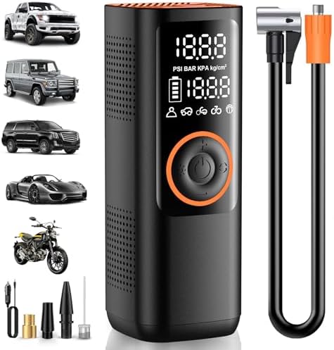 Tire Inflator Portable Air Compressor - 7800mAh Air Pump for Car Tires, 150PSI Cordless Tire Pump with Pressure Gauge & LED Lights - 4X Faster for Car, Motorcycle, Balls and Bicycle, Black