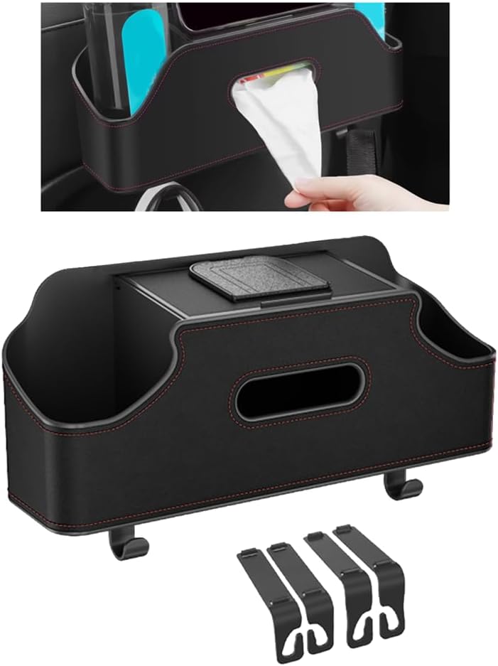Car Headrest Backseat Organizer, Multi-Functional Vehicle Headrest Hanging Storage Box with Hook Cup Phone Holder Tissue Box, Universal Automotive Interior Seat Back Organizer (Black)