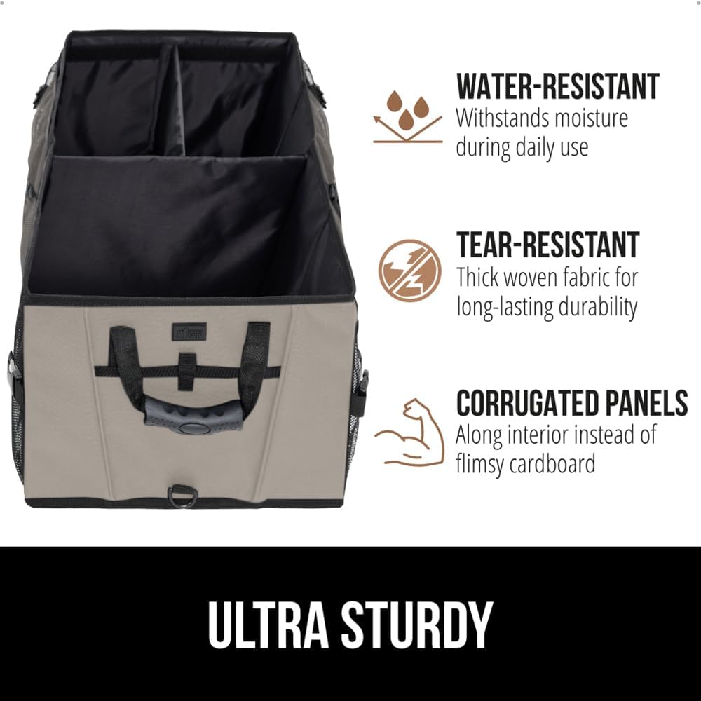GORILLA GRIP Trunk Organizer for SUV and Cars, Large Capacity Collapsible Car Trunk Storage Organizer, Heavy Duty Car Accessories, Gifts for Mom and Dad, Slip & Water Resistant Multi Compartment Beige