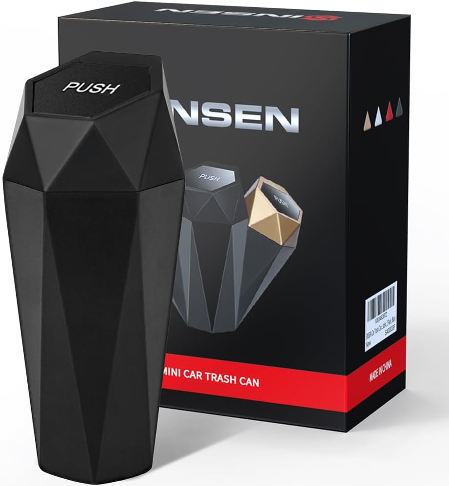 SINSEN Car Trash Can, Mini Garbage Bin with Lid, Car Door Trash Cans, Cup Holder Organizer Diamond Dustbin, Black, Pack of 2