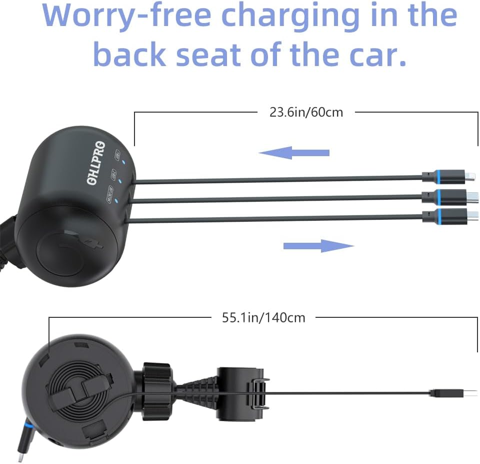 OHLPRO Multi Car Retractable Backseat 3 in 1 Car Charging Station Box