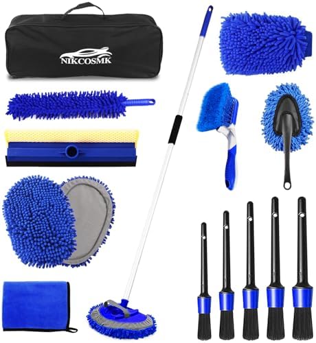62'' Car Wash Brush Kit Mitt Mop Sponge with Long Handle, 1 Chenille Scratch-Free Replacement Head, Windshield Window Squeegee,Car Duster,Car Detailing Brushes,Tower,Car Cleaning Kit for Cars RV Truck