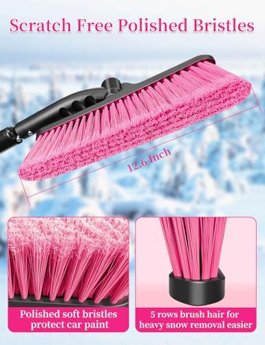 HEEYA 44 Inch Snow Brush for SUV, Ice Scraper for Car Windshield Window, Extendable Snow Scraper and Brush with Comfortable Foam Grip for Truck Vehicle Automobile - Pink