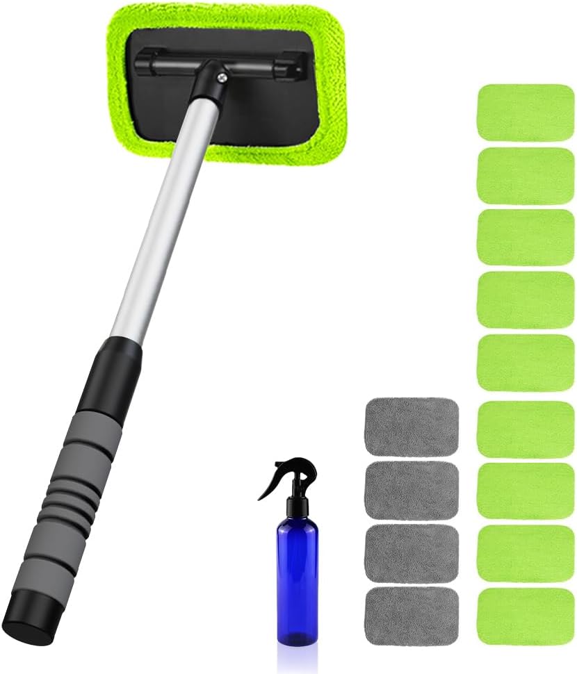 XINDELL Car Window Cleaning Combo – Windshield Glass Cleaner Tool with Extendable Handle & 14 Reusable Microfiber Pads for Interior/Exterior Glass, Streak-Free Auto Window Cleaning for Car Owners