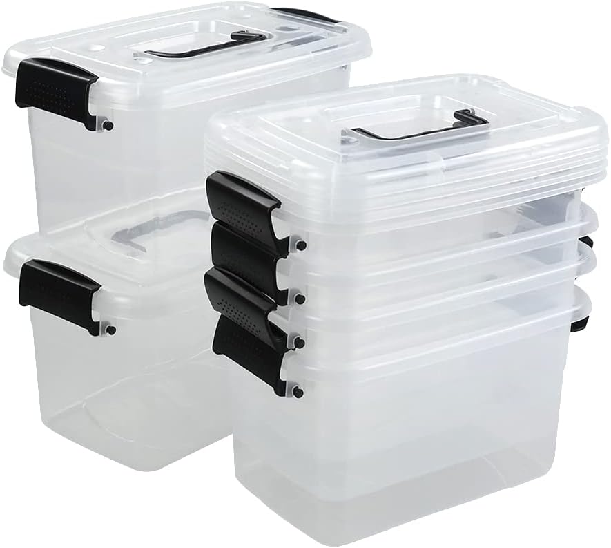 6 Quart Black Plastic Storage Latching Box Bin with Handles, 6 Packs