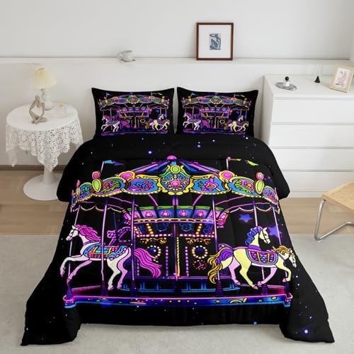 Amusement Park Circus Theme Bedding Set Full Size,Kids Carousel Comforter Set Girls Boys Teens Room Decor Cartoon Animals Horse Print Quilt Set Romantic Dreamy Black Purple Duvet Insert,2 Pillowcases