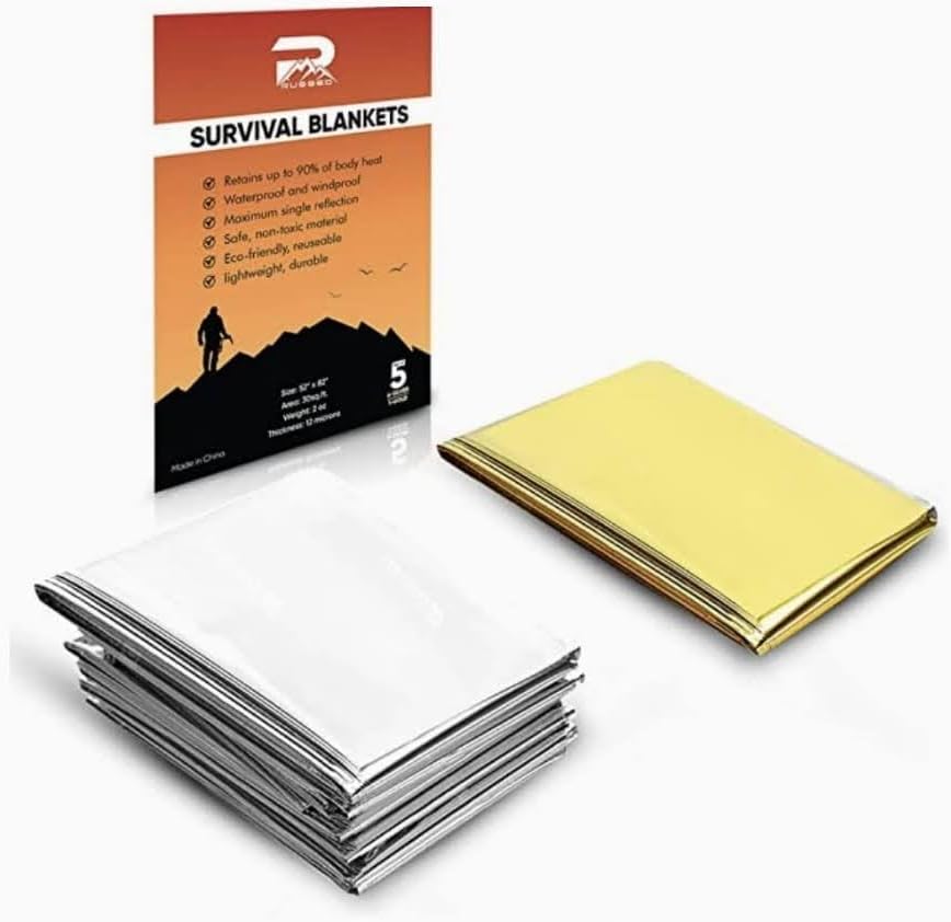 Survival Blankets - Waterproof & Windproof Emergency Cover, Reflective Exterior - Helps Retain Body Heat - 12 Microns, Compact & Lightweight - 5-Pack, 4 Silver, 1 Gold - 52x82”, 2oz