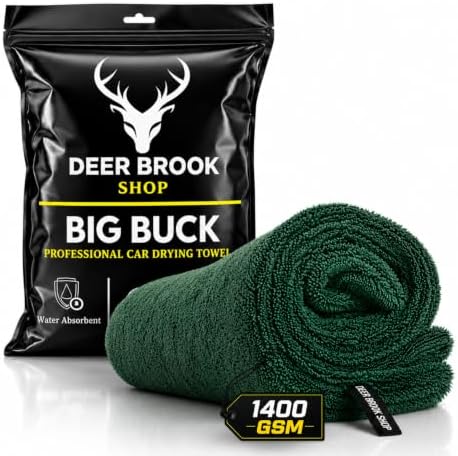 Big Buck Microfiber Car Drying Towel, 1400 GSM Large Car Wash Towel, Ultra Absorbent and Streak-Free, Lint Free Use, Dark Green 36" x 24" Drying Cloth