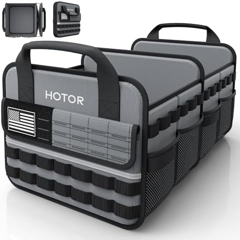 HOTOR Tactical Car Trunk Organizer - Foldable Trunk Organizer for SUV with Front MOLLE Pocket & Reflective Strips, Essential Car Accessories for Tools & Outdoor Storage, 12.8" x 21.7" x 11.0", Grey