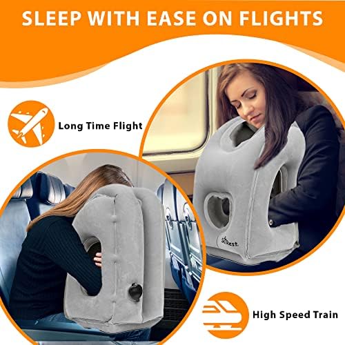Inflatable Travel Pillow - Airplane Pillow for Neck Support on Long Flights, Buses, Cars, Office & Trains - Comes with Eye Mask, Earplugs & Portable Drawstring Bag - Grey