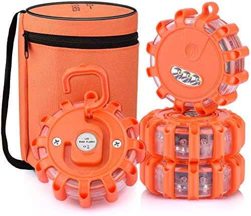 AK [4 Pack LED Road Flares Safety Flashing Warning Light Roadside Emergency Disc Beacon Kit for Vehicles Boats with Magnetic Base &amp; Hook, Premium Storage Bag (Batteries Not Included) (4)