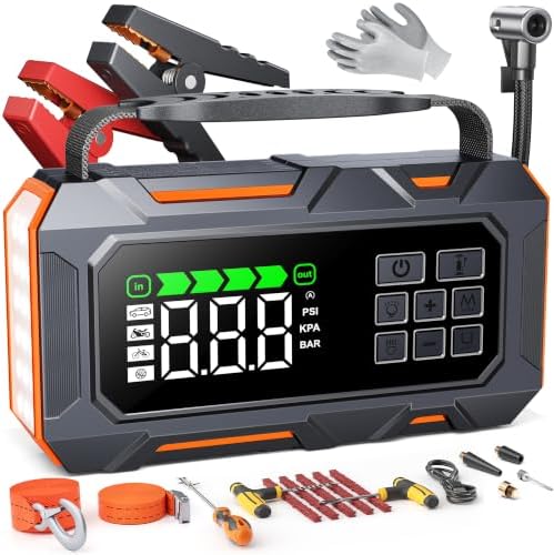 TREKURE 16-in-1 8000A Car Battery Jump Starter with Air Compressor 160PSI, Jump Starter Jump Box (All Gas 12L Diesel) with Portable Jumper Cables, Auto-Shutoff Tire Inflator, Gloves, Tow Rope