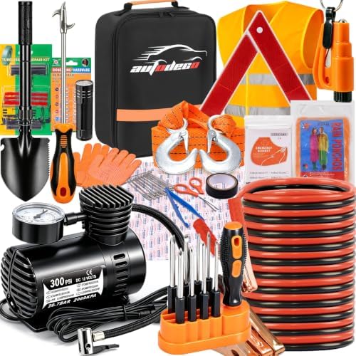 Car Emergency Roadside Assistance Kit with Jumper Cables Tire Inflator Automotive Kit for Car Vehicle（Orange）
