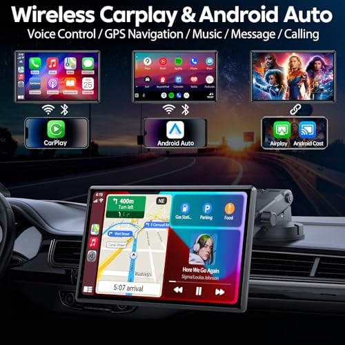 Wireless CarPlay Screen for Car - Portable Dash 9" HD IPS Screen with Strongest Suction Mount, Android Auto, GPS Navigation, Bluetooth Handsfree, Airplay, MirrorCast, Fit Most Cars