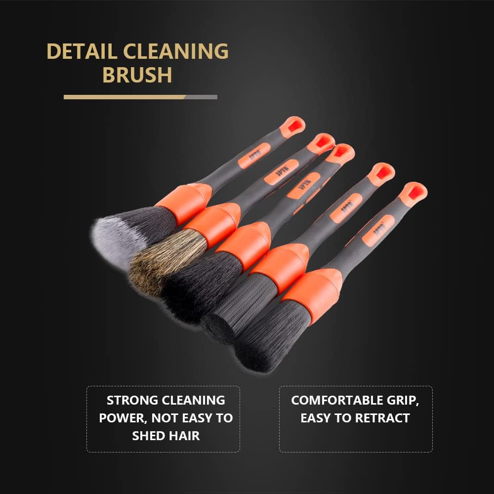 Detailing Brush Set, Car Detail Brush, 5 Different Sizes, Premium Natural Hair Mixed Fibre, Plastic Handle, Car Detailing Brushes for Cleaning Wheels, Engine, Interior, Ventilation Slots -BRFCD16