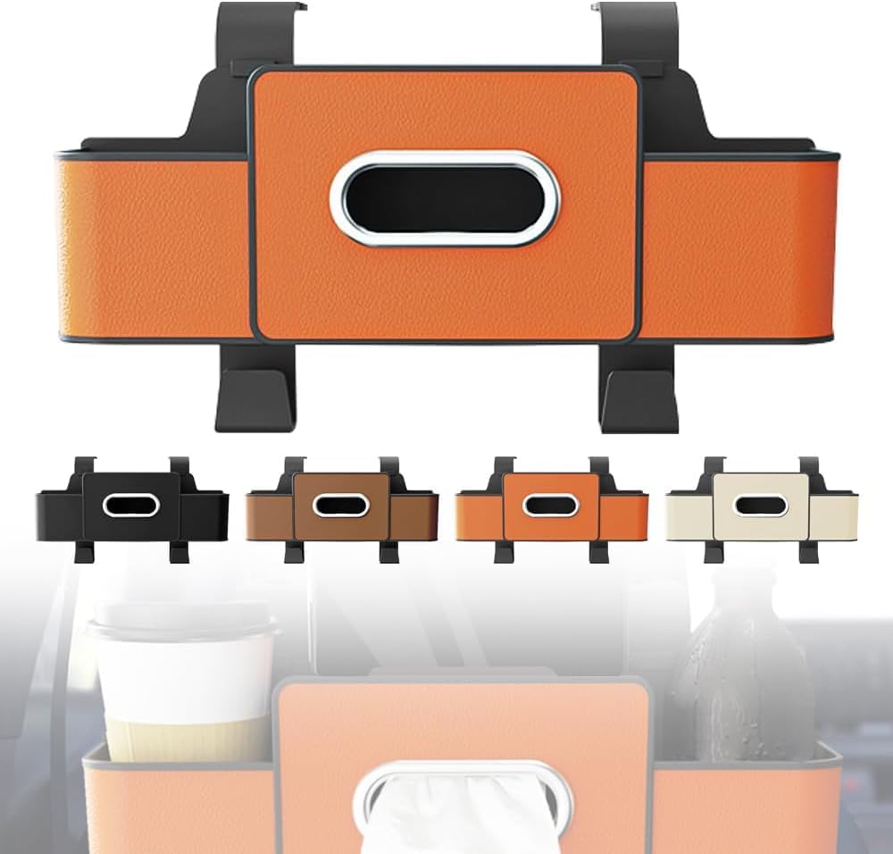 Car Backseat Organizer with Cup Holder, Tissue Box, Trash Bin & Hooks, 3-in-1 Multifunctional Back Seat Car Organizer for Hold Phones, Snacks, Drinks, and Handbags, Gifts for Car Owners (Orange)