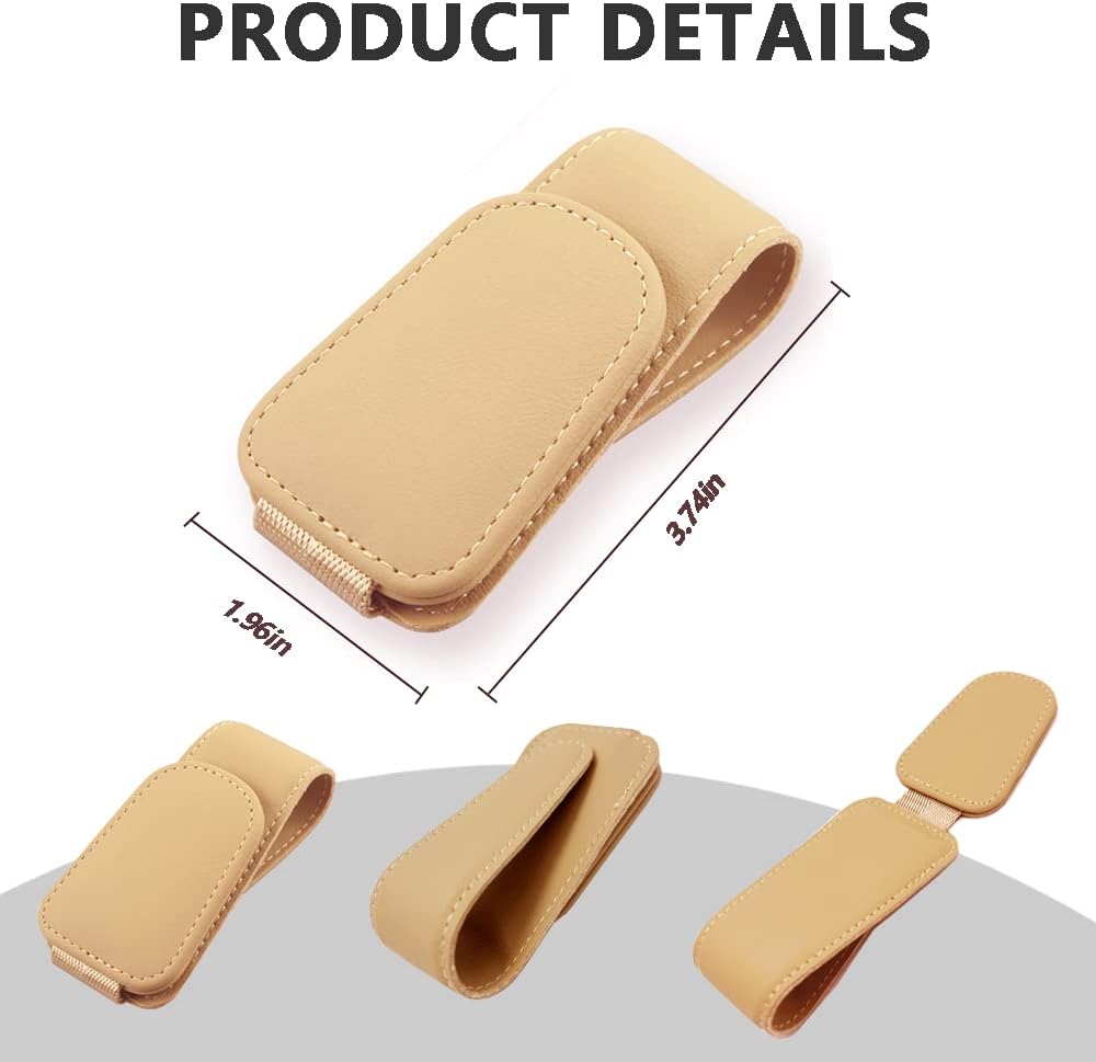2Pcs Sunglass Holder for Car, Magnetic Leather Eyeglass Hanger Clip for Car Sun Visor, Sunglasses Holder and Ticket Card Clip for Car Visor Accessories (Beige)