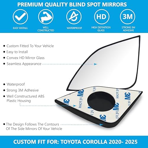 Convex Stick On Custom Fitted Blind Spot Mirrors Compatible With Toyota Corolla 2020-2026- Engineered to Provide A Wider View