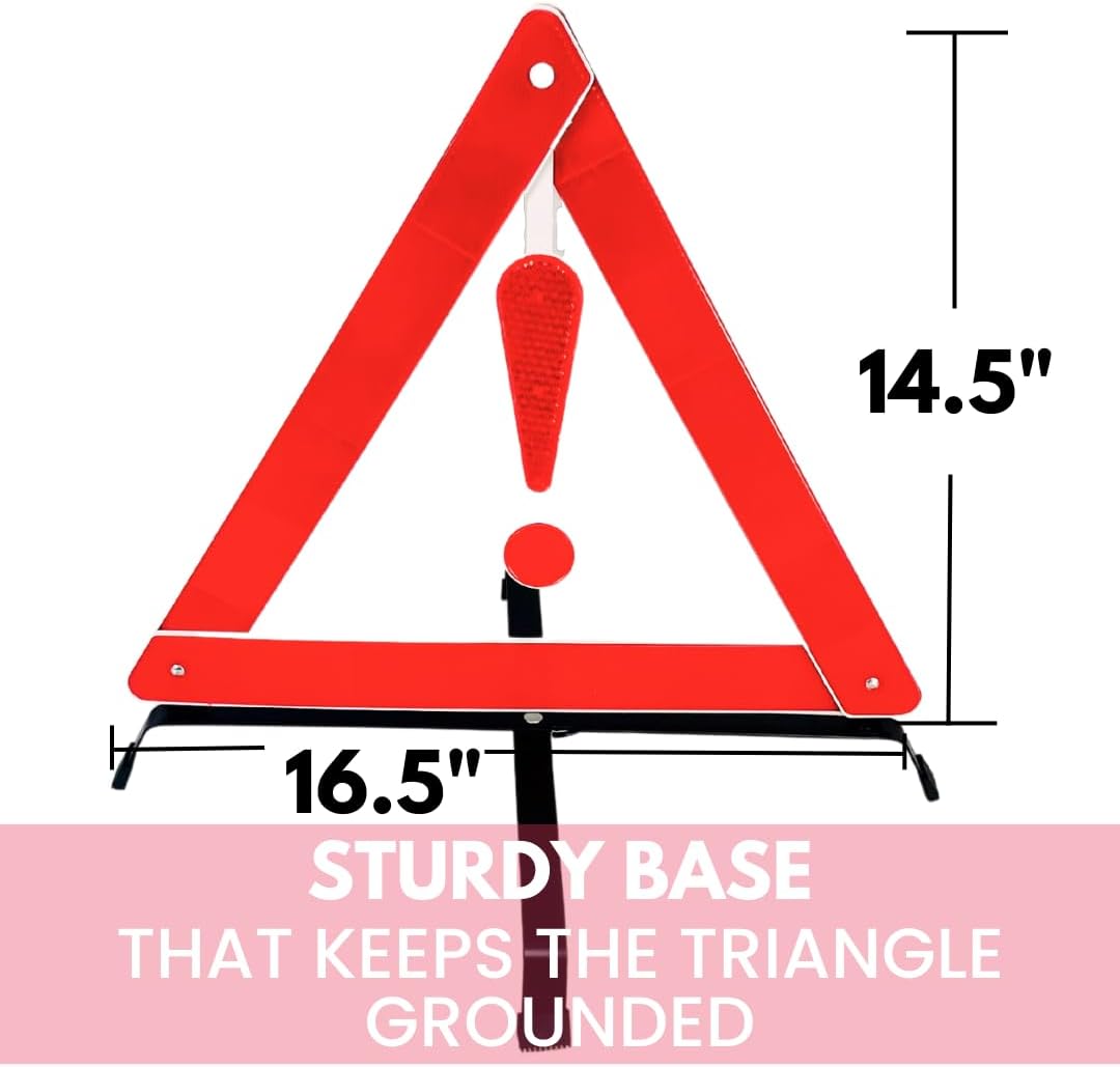 3 Piece Reflective Road Safety Triangle with Warning Exclamation Point | High Visibility and Durable Construction || Foldable and Comes with Case