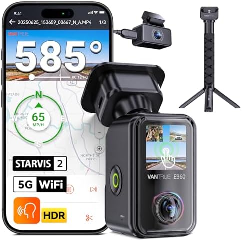 [ Bundle-2 Items: Vantrue E360 ACE 2 in 1 Dash Cam with Selfie Stick Tripod] Dash Cam, Dual STARVIS 2, Fisheye Front + Fisheye Inside + Rear Dash Camera, Dual IR Night Vision, GPS