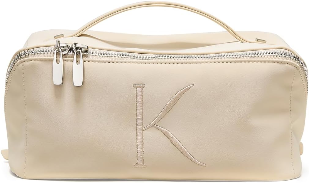EACHY Travel Makeup Bag for Women, Personalized Initial K Cosmetic Bag