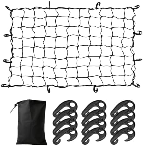 Cargo Net for Roof Rack, 46"×32" Stretches to 95"×75" Cargo Storage Net with 12 Plastic Hooks, Heavy-Duty Bungee Netting Mesh Organizer for Car Boat SUV Van Trailer