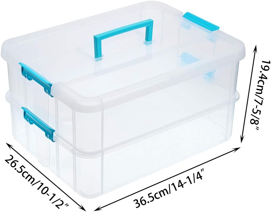 BTSKY 2 Layer Stack & Carry Box, Plastic Multipurpose Portable Storage Container Box Handled Organizer Storage Box for Organizing Stationery, Sewing, Art Craft, Jewelry and Beauty Supplies Blue