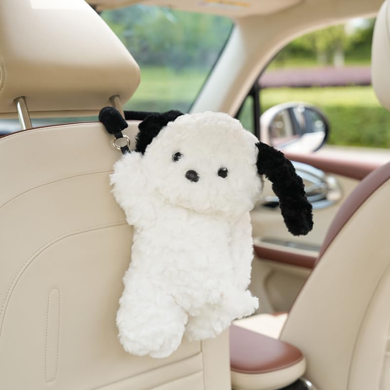 Plush Puppy Car Tissue Box Holder – Cute Crawling Dog Design, Hanging or Dashboard Use, Soft Style Organizer for Vehicle Interior (White Dog)