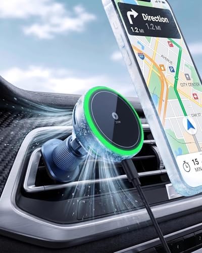 Qi2.2 Magnetic Wireless Car Charger with Active Cooling Fan, 25W Fast Charging Car Mount, N52 Strong Magnet Air Vent Phone Holder RGB Ambient Light, for iPhone Series and Samsung Series
