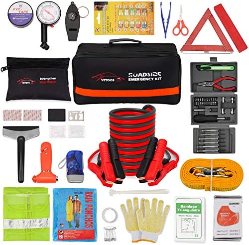 Vetoos Roadside Emergency Car Kit with Jumper Cables, Auto Vehicle Safety Road Side Assistance Kit Essentials, Winter Car Kit for Women and Men, with Mini Car Tool Set, Dial Tire Pressure Gauge