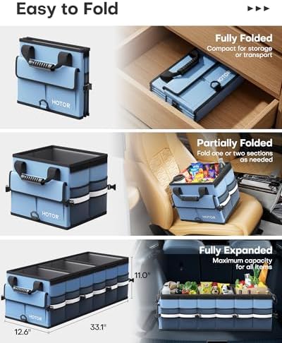 HOTOR Car Trunk Organizer - Trunk Organizer for SUV with Removable Cooler Bag, Foldable Cover, 3 Compartment Car Storage Essential Car Accessories for Truck, Van & Sedan, Blue, 33.1" x 12.6" x 11.0"