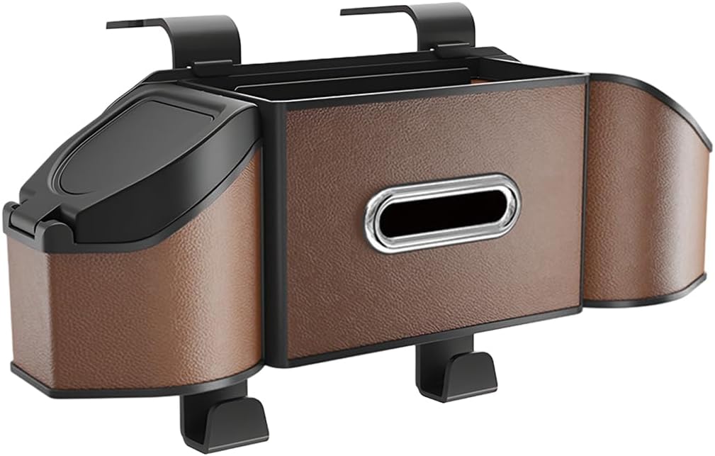 HZEL Car Seat Back Organizer, 7 in 1 Vehicle Backseat Storage Box with Cup Holder Tissue Box Trash Bin & Hooks, Multifunctional Auto Interior Headrest Organizer, Universal for SUV RV Truck (Brown)