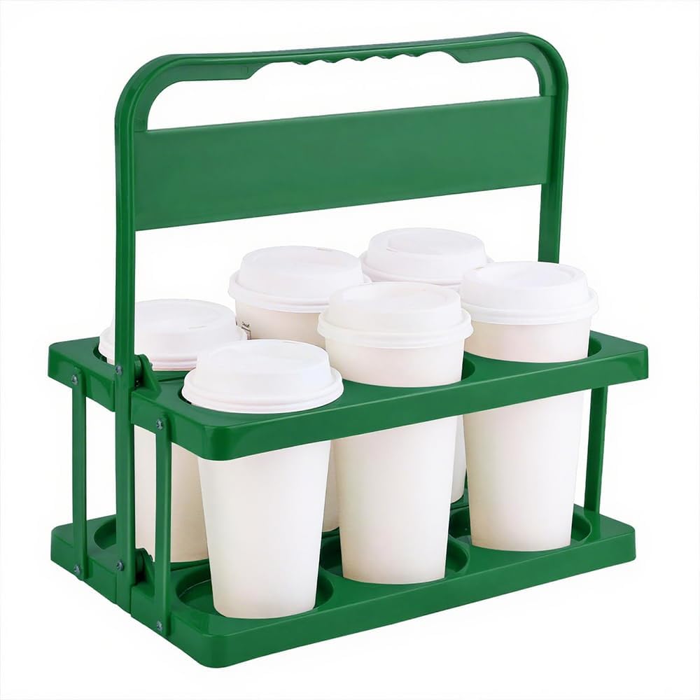 Bodaon 6 Cup Drink Carrier with Handle, Plastic Cup Holders for Take Out Delivery Drivers, Reusable Foldable Car Drink Caddy, Leakproof Food Delivery Accessories, 360° Secure Grip, Green