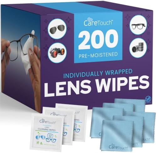Care Touch Lens Cleaning Wipes with Microfiber Cloths - 200 Lens Wipes for Eyeglasses & 6 Microfiber Cloths - Glasses, Camera Lenses, Screens, Eye Glasses Cleaner for Cleaning Eyeglasses