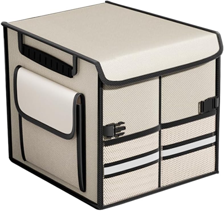 HZEL Car Trunk Organizer with Lid, Foldable Slip Resistant Multi-Compartment Vehicle Cargo Storage Box, Collapsible Waterproof Automotive Trunk Organizer, Universal for SUV Van Truck (Beige)