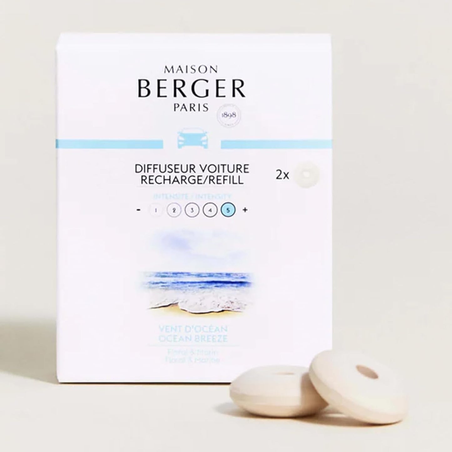 Maison Berger Car Diffuser Refill Set, Ocean Breeze | Marine Rose Musk Notes, 2 Ceramic Inserts, Made in France