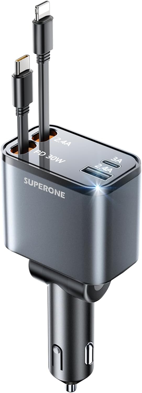 SUPERONE Retractable Car Charger, USB C Car Charger with Dual Type C Cords