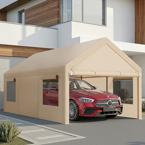 JAMFLY 12x20 ft Heavy Duty Carport with Roll-up Windows, Portable Garage with Removable Sidewalls & Doors, Car Canopy with Sandbags and All-Season Tarp for Car, Truck, Boat, Motorcycle, Khaki