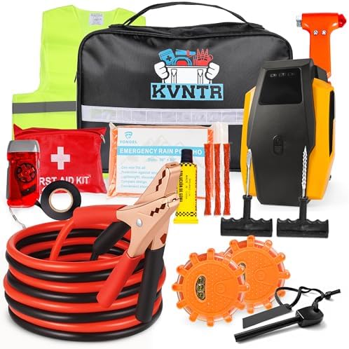 Survival kit - KVNTR Car Emergency Kit - First Aid Kit for Car with Tire Inflator, Jumper Cables, LED Flares, Tire Repair Kit with Sealant and Flashlight - Emergency Supplies for Men and Women