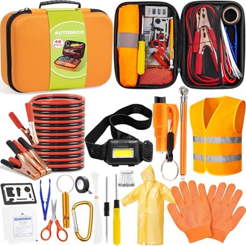 Car Roadside Emergency Kit, Car Safety Kit Portable Car Kits for Emergency with Jumper Cable, Safety Hammer, Orange