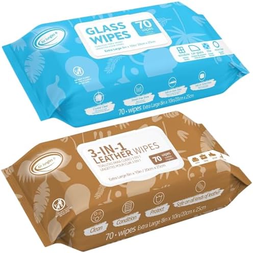 Air Jungles Bundle: Glass & Window Cleaner Wipes (70 Count) + 3-in-1 Leather Cleaner Wipes (70 Count), Extra Large 8" x 10"