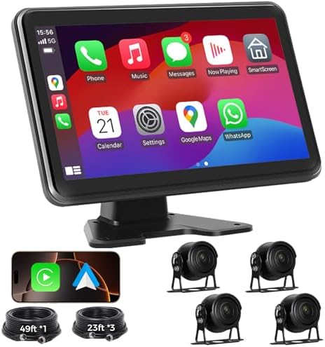 RV Truck Camera System with CarPlay & Android Auto,4 Channel HD1080P IP68 Wired Backup Camera for Semi Trucks, RVs, Trailers, 10'' Touch Screen with DVR Recording & 64GB Micro SD Card.