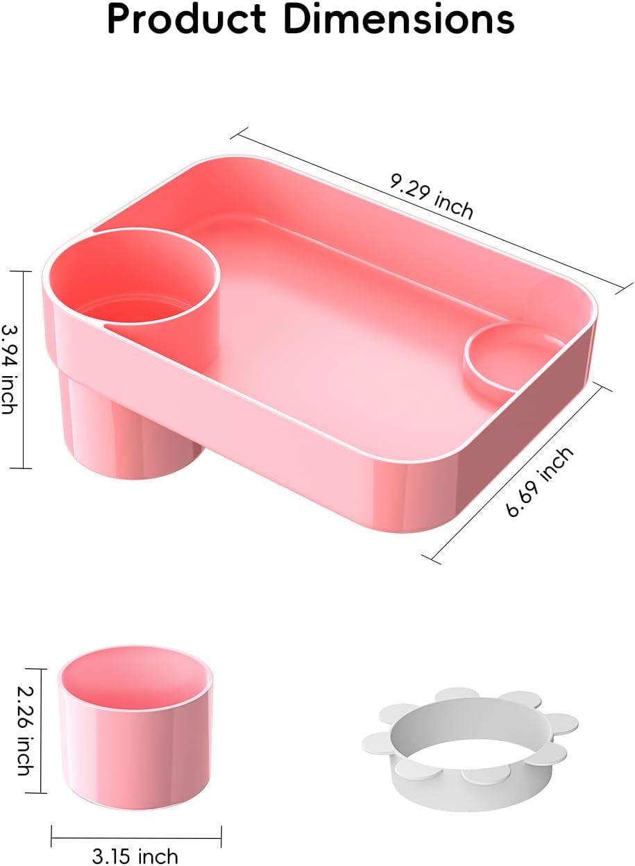 Toddler Car Seat Snack Tray - 3 Inch Cup Holder with Dip Well Fits Most Sippy Cups & Straw Bottles, Mess-Free Square Kids Travel Tray Road Trip Essentials, Pink