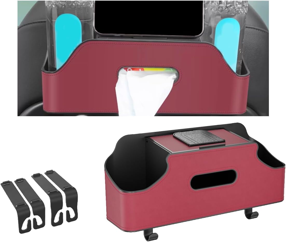 Car Headrest Backseat Organizer, Multi-Functional Vehicle Headrest Hanging Storage Box with Hook Cup Phone Holder Tissue Box, Universal Automotive Interior Seat Back Organizer (Black)