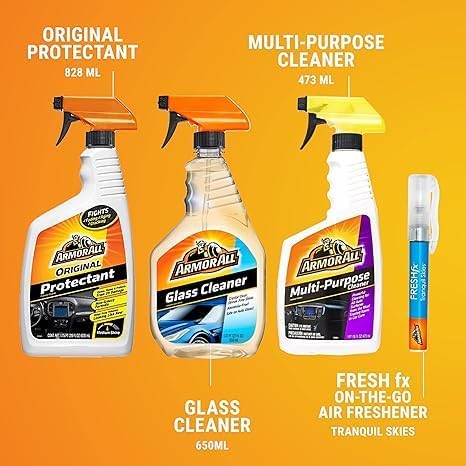 Armor All Premier Car Care Kit, Includes Car Wax & Wash Kit, Glass Cleaner, Car Air Freshener, Tire & Wheel Cleaner, 8 Pieces Protectant, Glass and Cleaning Wipes, 30 Count Each (Pack of 3)