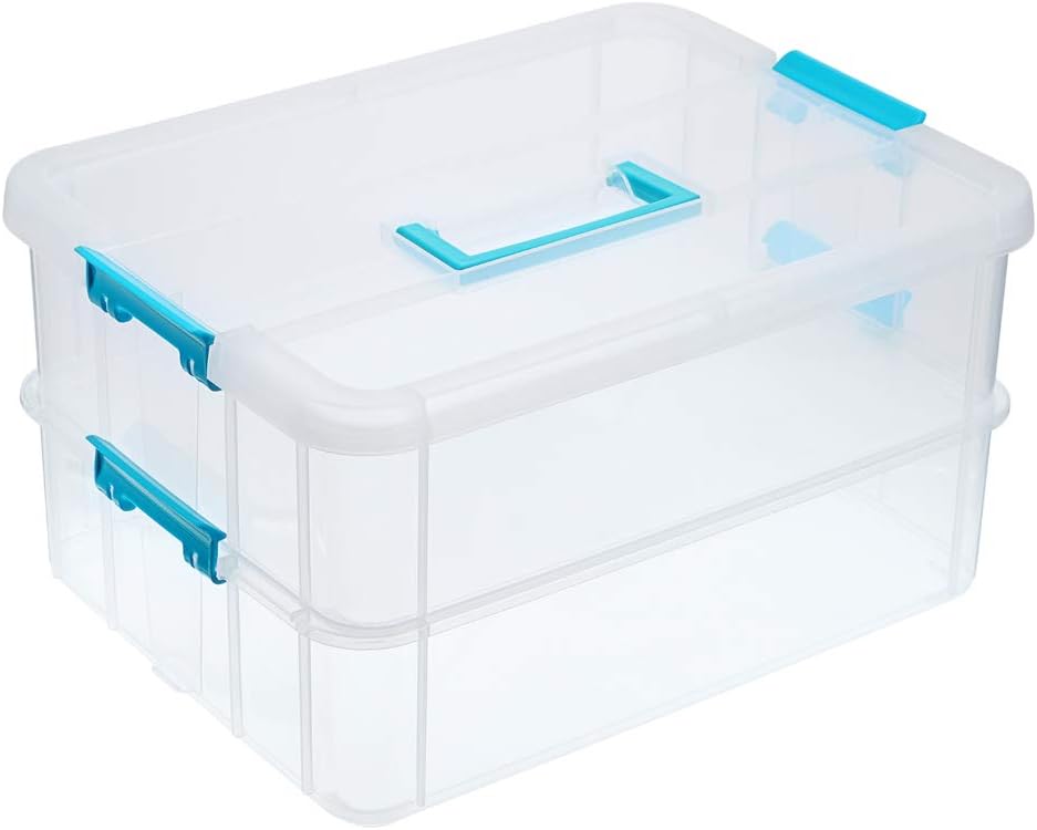 BTSKY 2 Layer Stack & Carry Box, Plastic Multipurpose Portable Storage Container Box Handled Organizer Storage Box for Organizing Stationery, Sewing, Art Craft, Jewelry and Beauty Supplies(Red)
