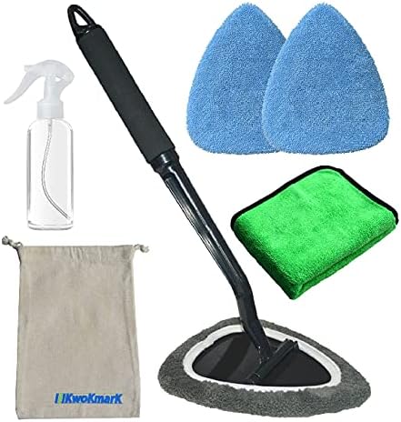 Windshield Cleaner Tool Car Window Cleaning Wand Glass Microfiber Brush Bigger Pad Thicker Softy Cloth, with Towel Spray Bottle Cloth Bag Kit TTL 6Pcs