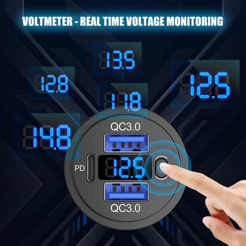 12V USB C Outlet Marine USB Charging Port for Car, Dual Quick Charge 3.0 & PD 3.0 Car Charger Socket with Button Switch and Voltmeter, Cigarette Lighter Replacement DIY Kit for 12V/24V Vehicles